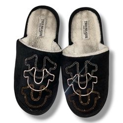 True Religion Black Crystal-Embellished Plush Slippers Women’s Size 6.5