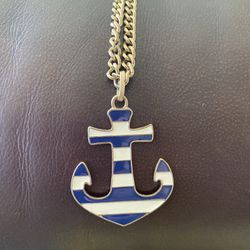 Blue and Off-White Anchor On Long Gold Chain Necklace 