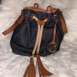 Michael Kors Handbag Marina Canvas Rope Tassels Medium Bucket Drawstring Blue 