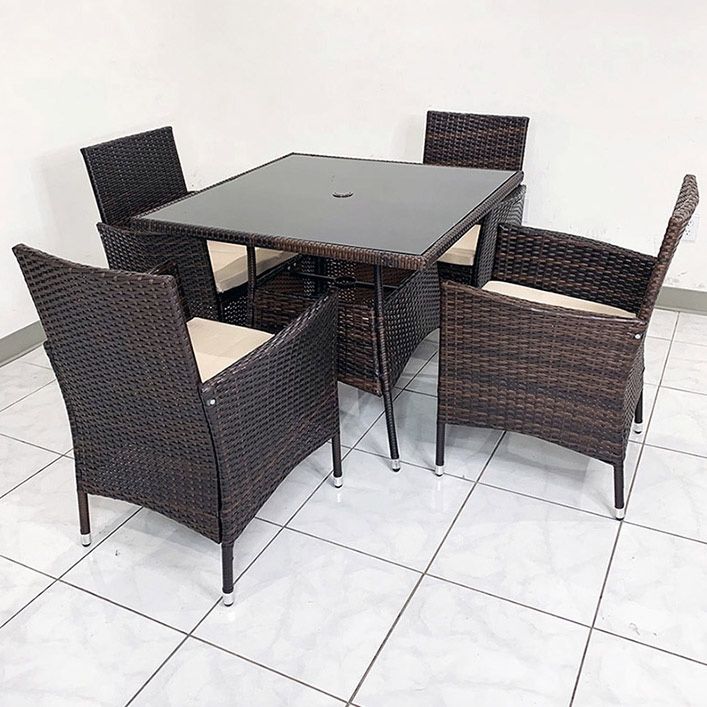 (NEW) $250 (5-Piece) Wicker Dining Set Indoor Outdoor Patio Furniture 35x35” Glass Table w/ Umbrella Cutout, 4 Chairs 