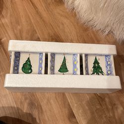 Macys- Ceramic three section condiment dish with three cocktail forks