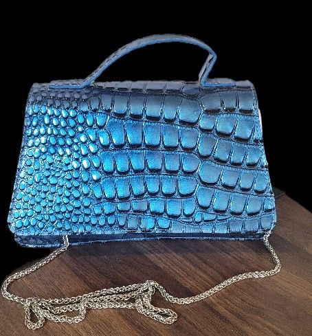 Geir Ness Norway Laila Metallic Blue Croc Purse With Metal Strap NEW With Tag 10"X8"