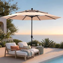 PHI VILLA 10ft Patio Umbrellas, Outdoor 3 Tier Vented Large Market Table Umbrella with 8 Sturdy Ribs and 1.5" Umbrellla Pole for Lawn Poolside Garden 