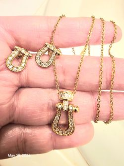 Gold Crystal Horseshoe Pendant and Earrings Set