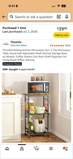 ThreeHio Rolling Kitchen Microwave Cart, 3 Tier Microwave Table Stand with Adjustable Shelf