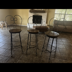Set of 3 Wrought Iron Bar Stools – Rustic / Spanish Style