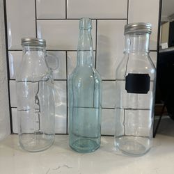 Set of 3 Clear Glass Storage Jar Vases - 1 is Vintage Antique; 2 W/Caps for Sealing