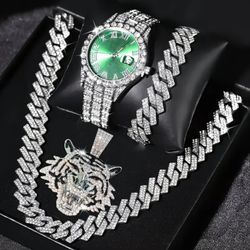 4-Pcs Men Iced Out 14K White Gold-Plated CZ  Wrist Watch W/ Cuban Necklace+Bracelet+Tiger Head Pendant 