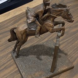 ANTIQUE JOCKEY AND HORSE JUMP A FENCE BRONZE STATUE Signed By Marcel Jovine 