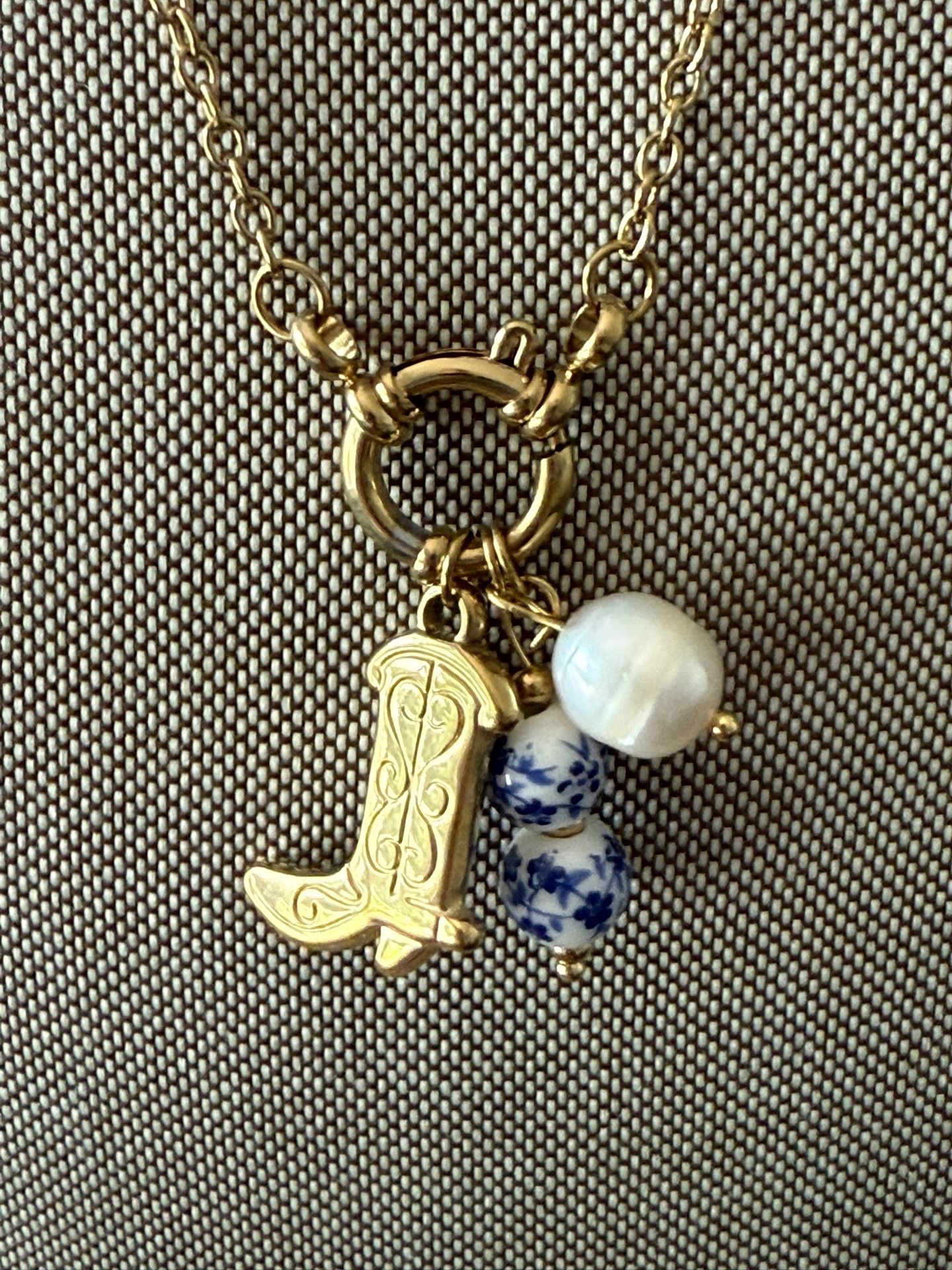 Cowboy Boot Necklace Pearl Charm Pendant Gold Tone Flower Ceramic