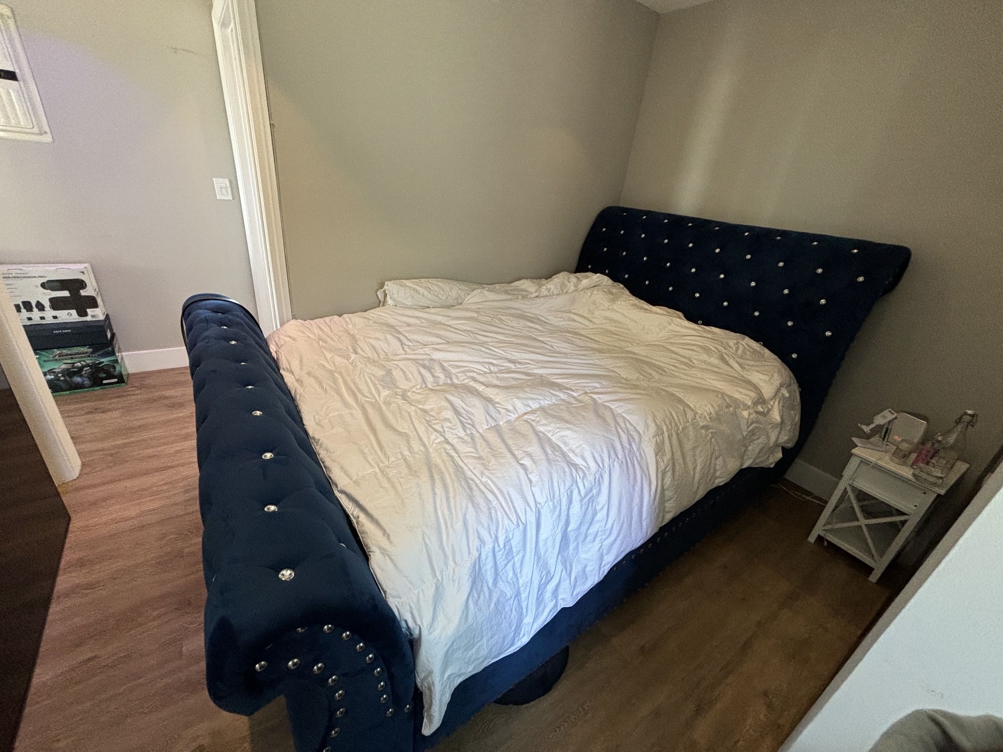 Queen Matos Blue Suede With Crystals Bed Frame