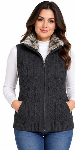 Liz Claiborne Women's XL Charcoal Cable Knit Faux Fur Trim Zipper Vest