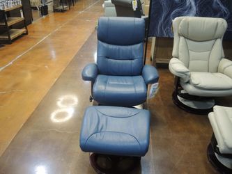 Barcalounger Roscoe Leather Recliner and Ottoman - Roman Blue | Reclining Chair | Footstool