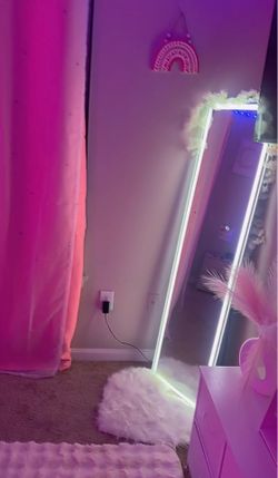 LED mirror, Navy blue bed, full size mirror and grey sofa
