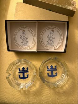 Pair of Vintage Royal Caribbean Cruise Line Heavy Glass Ashtrays in Box