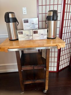 Mobile Coffee & Drink Bar Setup: Butcher Block Cart + 2 Stainless Airpots + Porcelain Cups