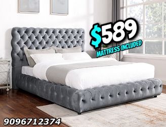 King size gray European bed with orthopedic mattress