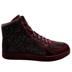 Gucci Men's Crystal Studded Burgundy Red High-Top Lace-Up Sneakers 5 G