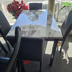 Brand New White Faux Marble Dining Table (43" x 28" x 30” H) + 4 Charcoal Linen Chairs