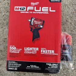Milwaukee M-12 Fuel 1/2 Stubby Impact Wrench -W/ (1) 1.5 Battery Pack. 2563-20. 
