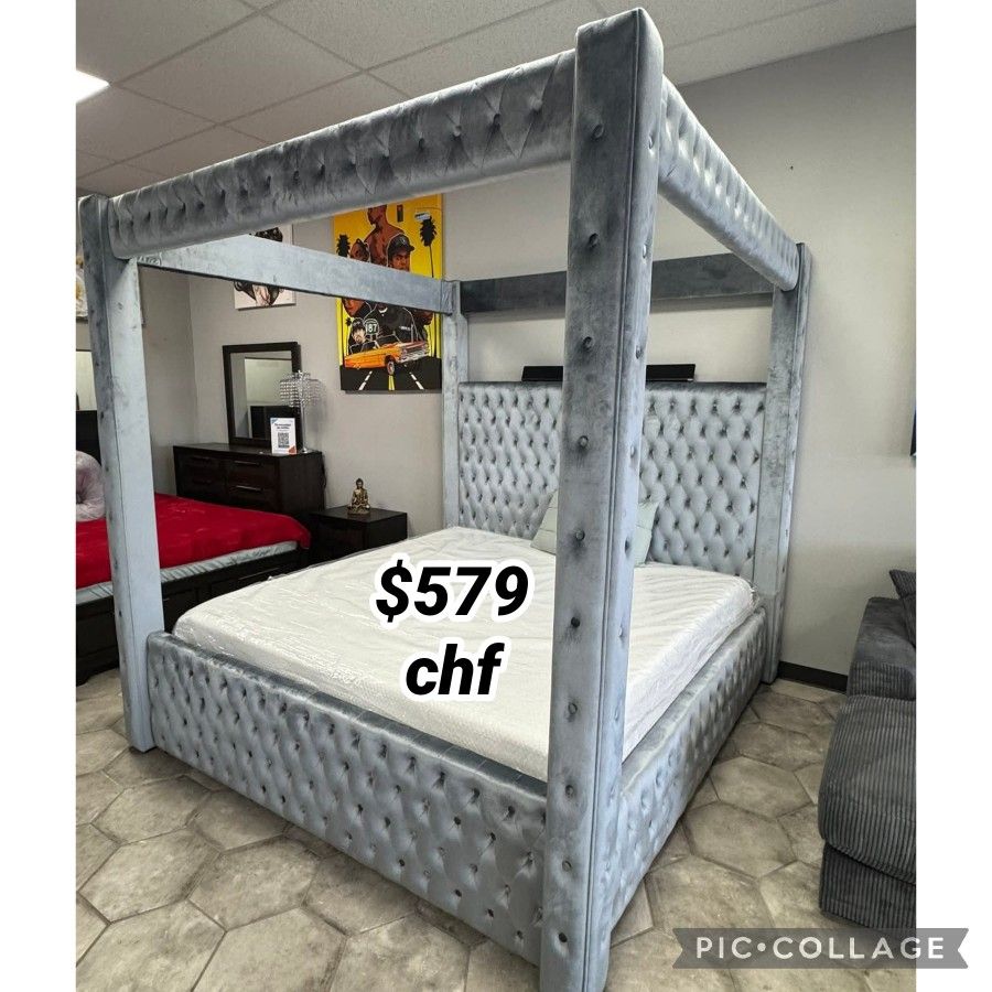 Gray Queen Size Canopy Bed Frame // Christmas Sale