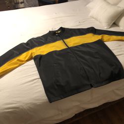 Decibel Men’s X-Large PVC Cafe Racer Moro Racing Jacket Yellow Stripe Waterproof 
