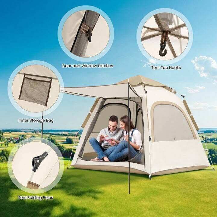 5-8Person Tent Beach Tent Backpacking Tent Camping Tent W ith Handbag 2 Extendable Canopies Mesh Doors And Mesh Windows Ventilated Sun Shelter For Out