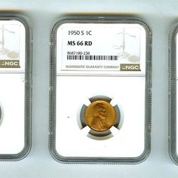 1949-S 1950-S 1955-S Cent NGC MS66 RD - 3 coin lot