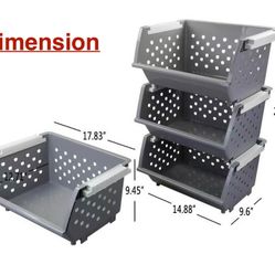 ✌️ 3 Packs Gray Large Stacking Basket Bin, Open Front Stackable Storage Baskets