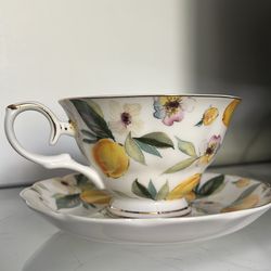 Tea cup and saucer- Lemon and Floral fine porcelain