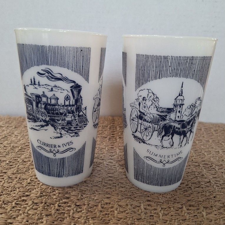 Vintage Hazel Atlas Currier & Ives Summertime Steam Traveler Milk Glass Tumblers