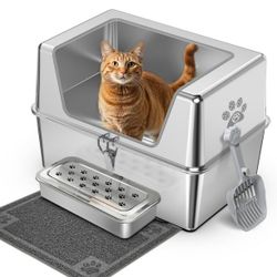 Stainless Steel Cat Litter Box Extra Large Metal Litter Box High Side Litter Pan Non-Sticky Anti-Leakage
