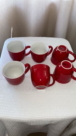 Red ceramic mug , the stoneware is both dishwasher and microwave safe , set of 6