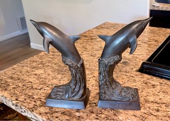 Vintage Pair Bey-Berk Bronze Dolphin Statues Bookends Nautical 10.25" T