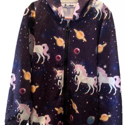 Girls Unicorn/Cosmic/Outer Space/Planets Zip Up Hooded Sweat Jacket Size 8/9