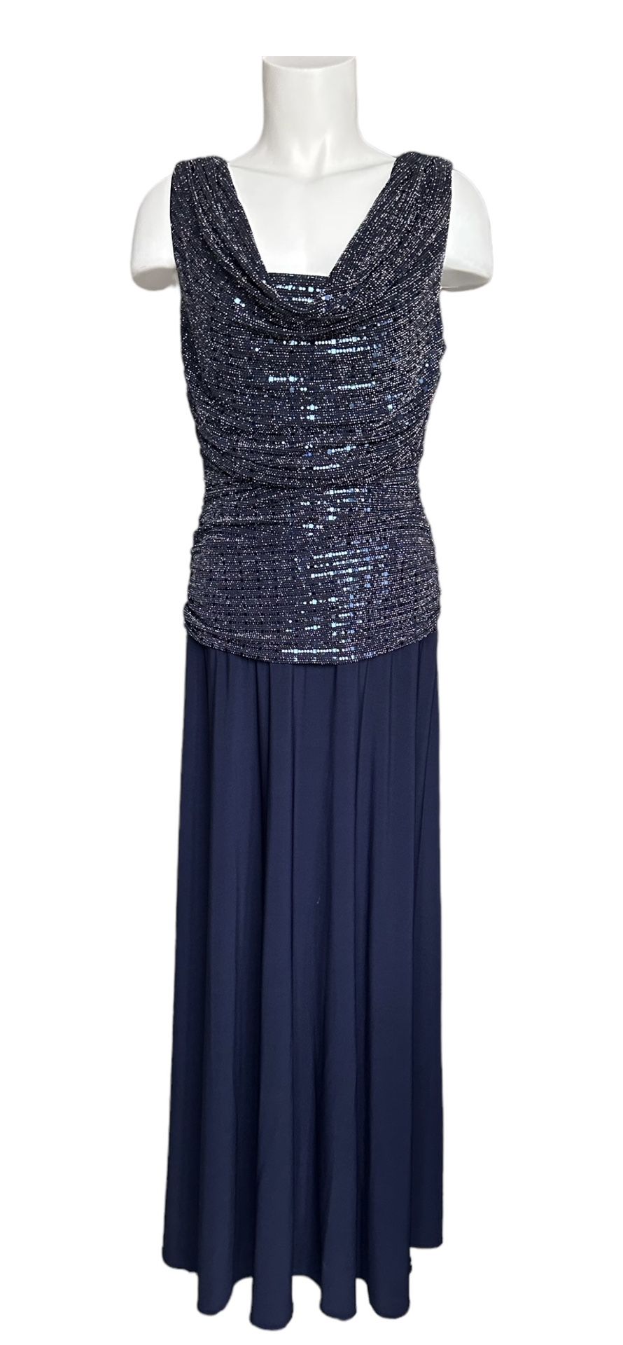 R&M Richards Women's Cowl Neck Long Formal Sequined Maxi Dress Navy Blue Size 10