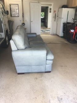 La-Z-Boy leather sofa “Jake” model. 7Ft long. Height of back 38 in. Grey-blue leather. No fading or damage. No pet household.