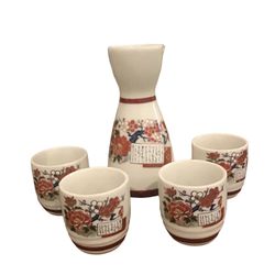 Vintage Japanese Porcelain Sake Bottle And Glasses Kutani Ware Flower Tokkuri
