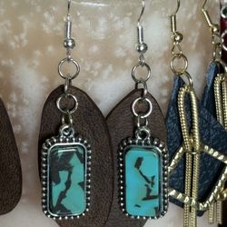 Your choice handcrafted drop dangle earrings  gold tone silver tone  leather  faux turquoise  NEW