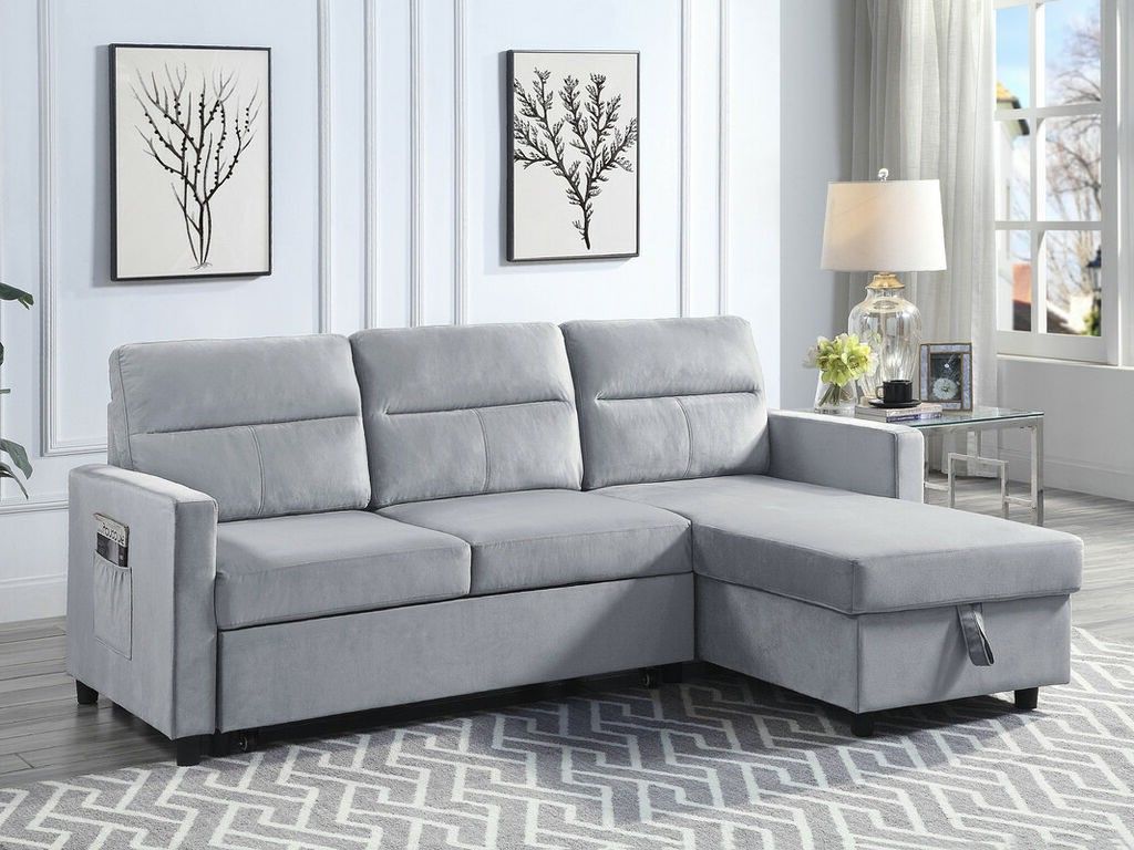 Brand New Velvet Reversible Sleeper Sectional Sofa With Storage Chase And Side Pocket