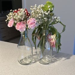2 x small glass bottles for table decor or storage