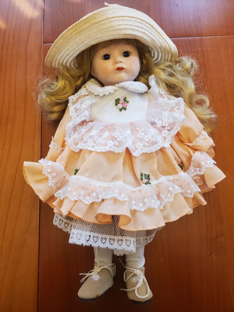 Vintage All Bisque Doll - 14" Tall - Girl in Dress with Hat
