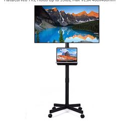 Mobile TV Stand on Wheels, Height Adjustable Tilt Rolling TV Stand with Media Shelf for 23-77 inch LED, LCD, OLED Flat&Curved TVs, Holds Up to 55lbs
