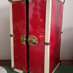 Vintage Red Metal Doll Case Wardrobe Closet Trunk 9.5x9.5x15.5"

