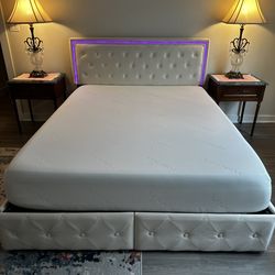 Queen Size Off White Velvet Tufted Bed With LED Lighting & storage