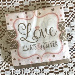 LOVE ALWAYS & FOREVER Napkins (16) Small Cocktail Beverage Wedding Pink Gold NEW