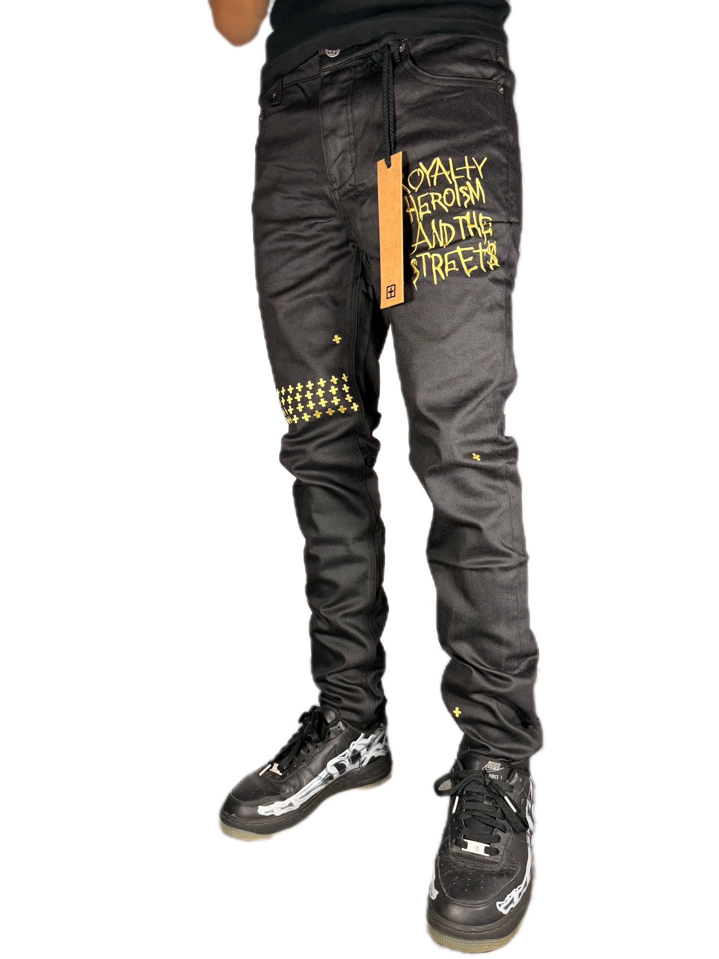 Size 32 Black & Gold Ksubi Waxed Skinny Jeans