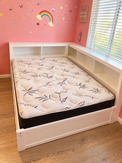 White Full Bed Frame with Bookcase Headboard