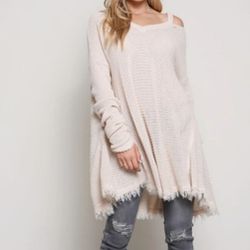 Free People Cream Waffle Knit Cold Shoulder Tunic Sz M