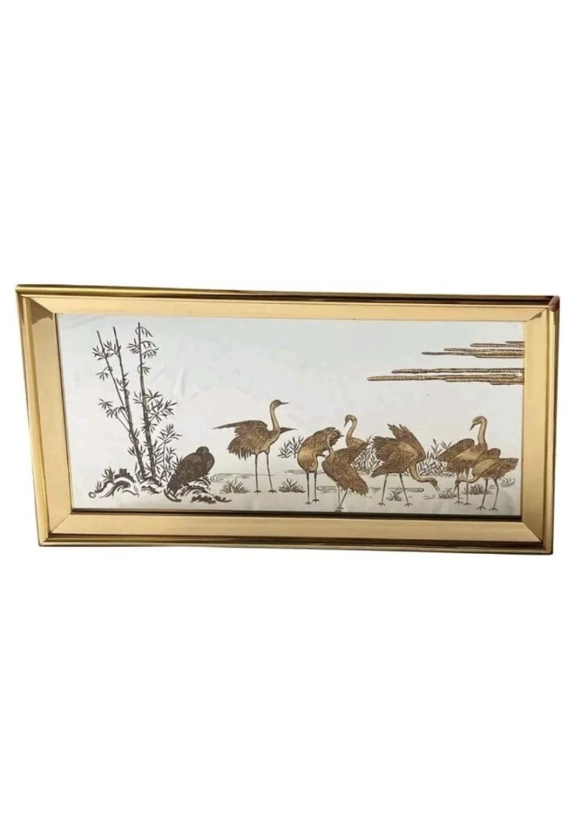 Vintage 1970’s Hollywood Regency Etched Mirror Gold Eglomise Decoration of Cranes with Brass Frame 54x30”